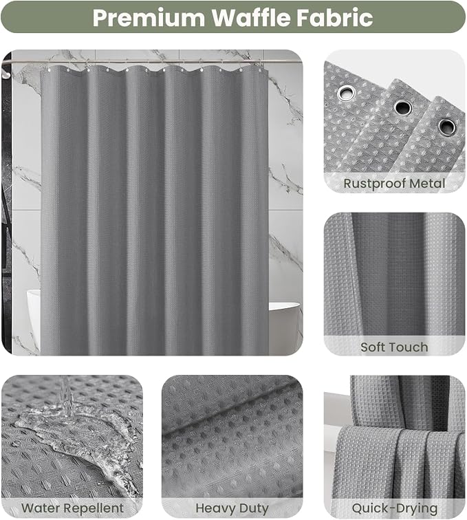 Inhousolu Fabric Shower Curtain Waffle Weave, 230 GSM Heavy Duty, Weighted Hem - Image 3