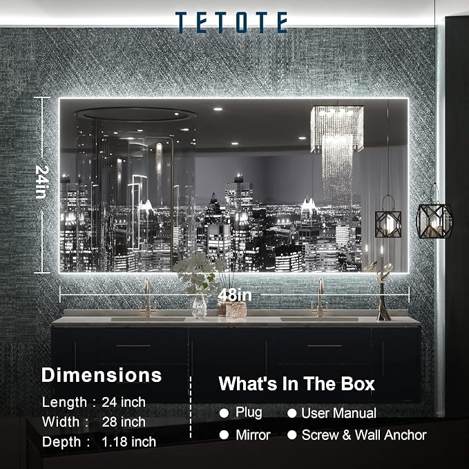 TETOTE 48 x 24 Inch LED Backlit Mirror Bathroom - Image 6