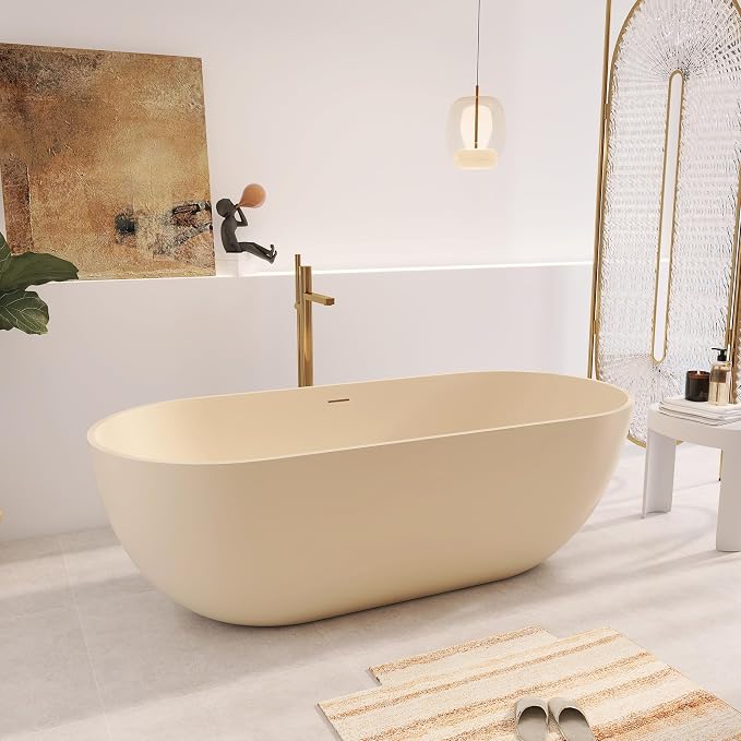 69" Premium Cream Stone Resin Solid Surface Free Standing Bathtub, Unique Matte - Image 5