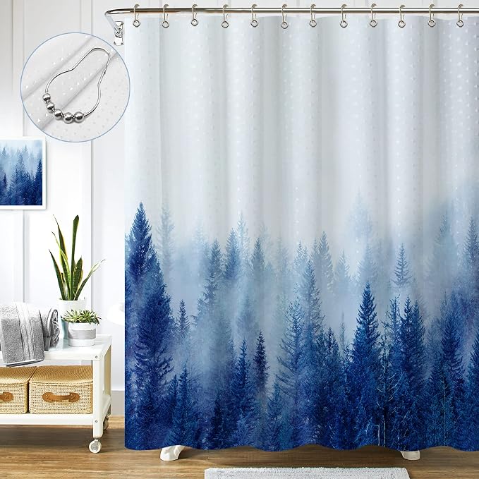 ORTIGIA Blue Misty Forest Shower Curtain Set, Nature Mountain Shower Curtain by ORTIGIA