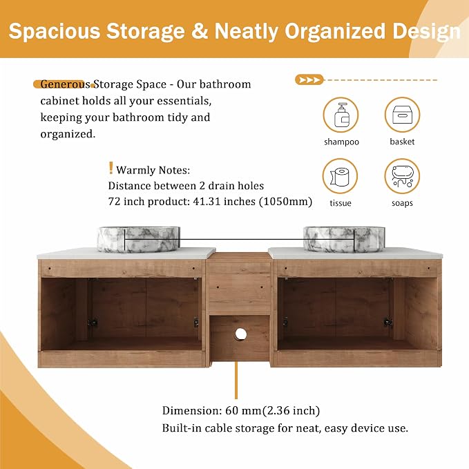 Malwee 72" Floating Bathroom Vanity - Image 7