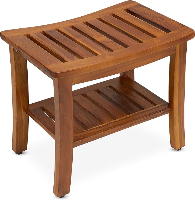 Teak Shower Bench 21 Inch, Fully Assembled Wood Bath Stool by TeakCraft