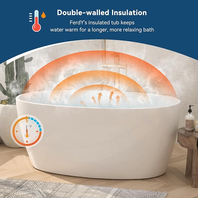 FerdY Tahiti 55" Acrylic Freestanding Bathtub, Elegant Oval Shape Soaking - Image 2