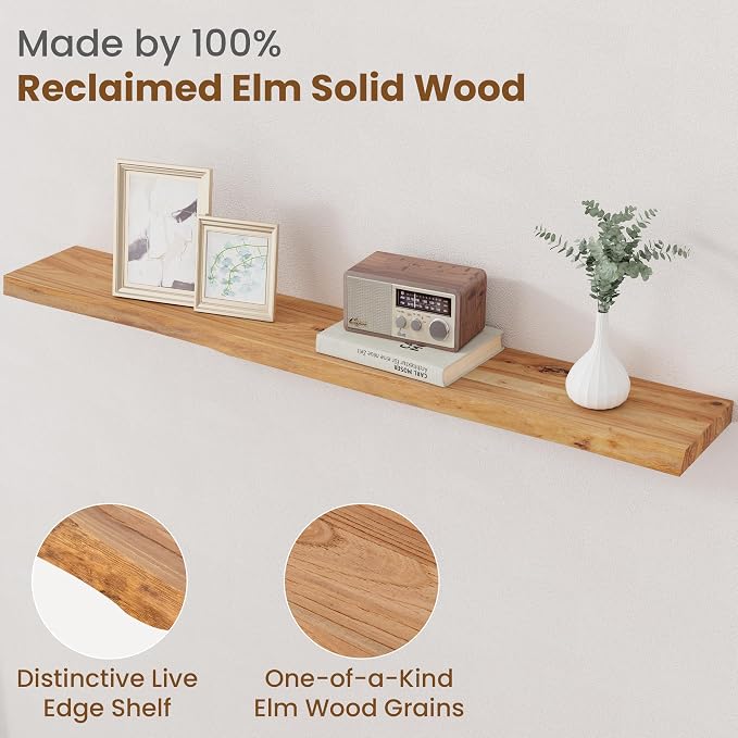 Floating Shelves for Wall Decor, Rustic Solid Elm Wood Live Edge Floating - Image 3