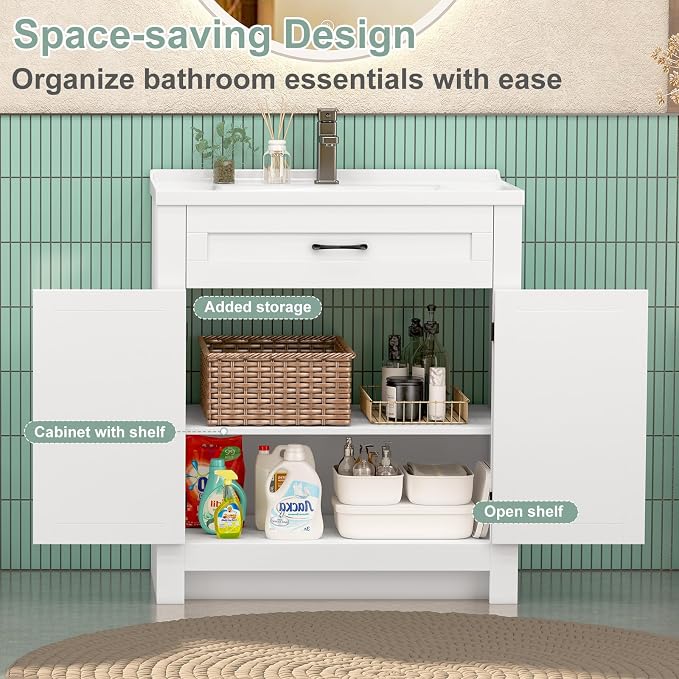 32 Inch Bathroom Vanity with Sink, Small Bathroom Sink Cabinet with 2 Barn Doors - Image 3
