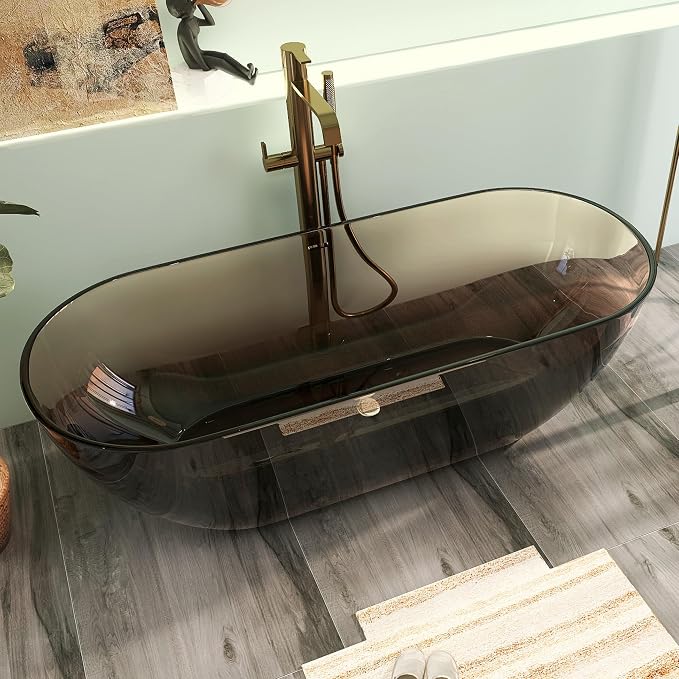 69" Premium Solid Surface Free Standing Bathtub, Unique Transparent Brown Stone - Image 2