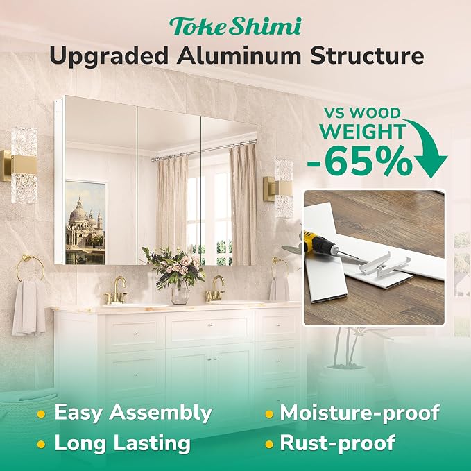 TokeShimi 24x32 Mirrored Medicine Cabinet Recessed or Wall Mount, Aluminum - Image 5