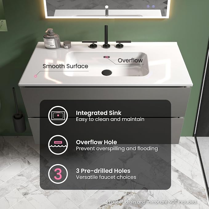 36" Bathroom Vanity with Sink, Modern Floating Vanity with Double Soft-Closing - Image 4