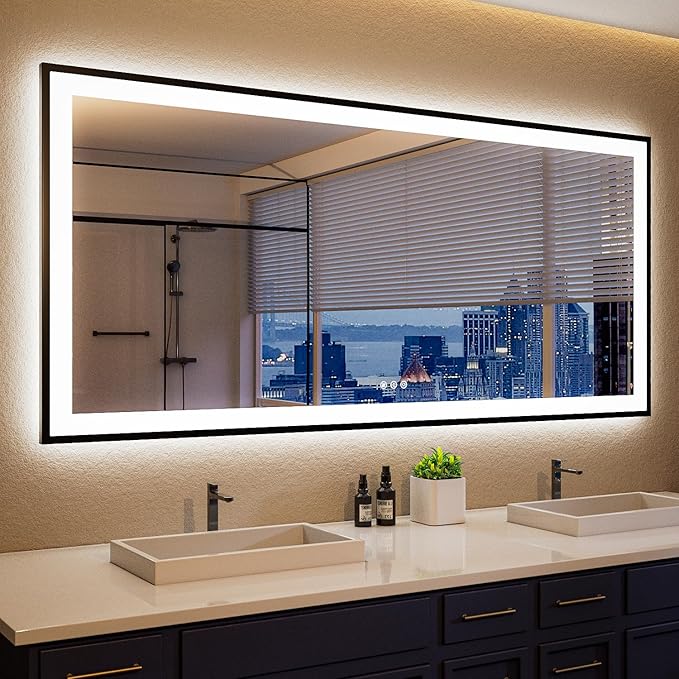 ISKM Framed LED Mirror for Bathroom 60"x30", Dimmable LED Bathroom Mirror by ISKM-IStillKeepMovin