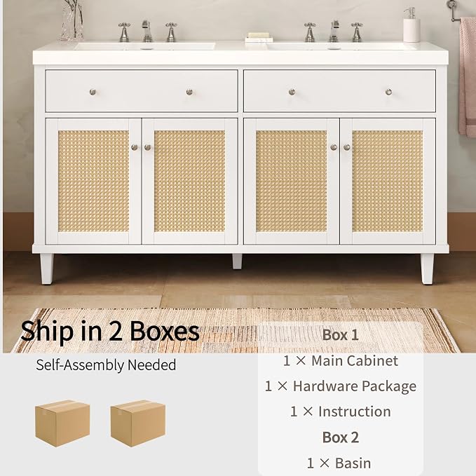 60 Inch Bathroom Vanity with Double SMC Sink Combo Set, Large Double Sink - Image 6