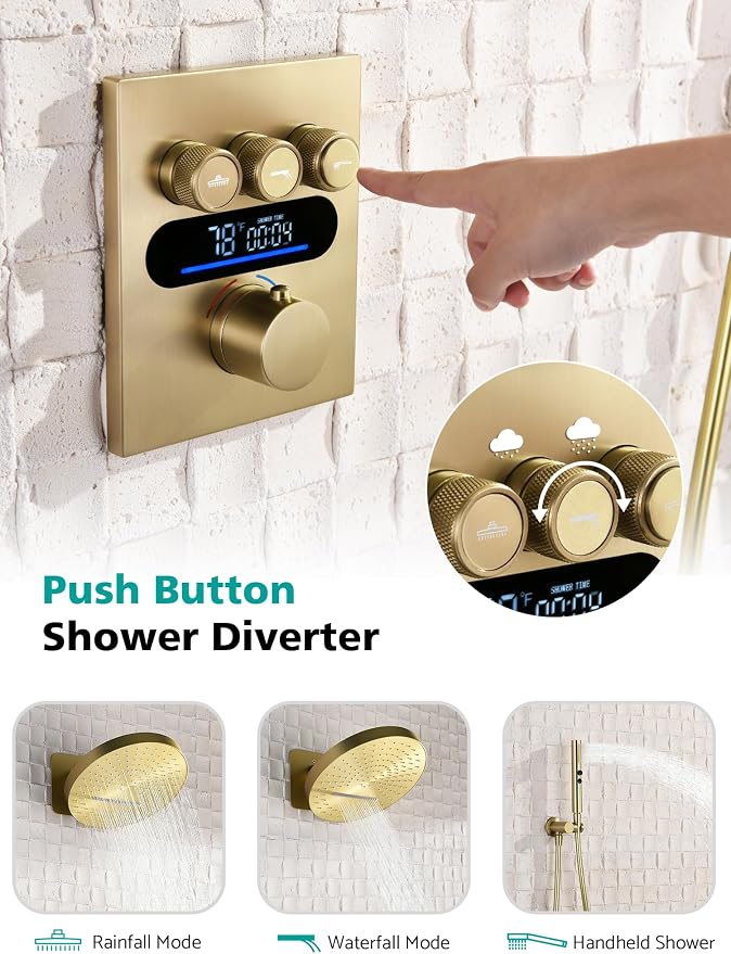 Lefton Shower System in Fahrenheit Display, 13” Overhead Round Rainfall Shower - Image 3