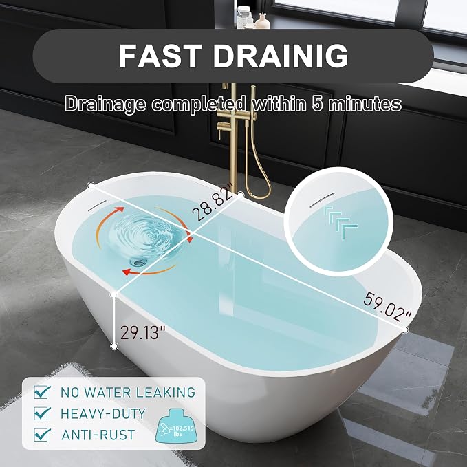 59" High-back Acrylic Freestanding Bathtubs, Stand Alone Tub, Soaking Tubs - Image 7