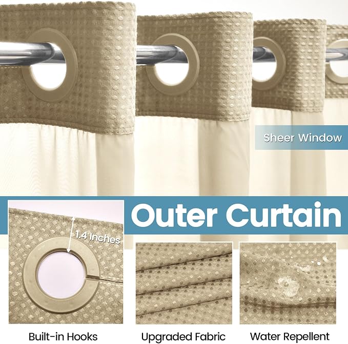 Beige Long No Hook Shower Curtain - Image 5