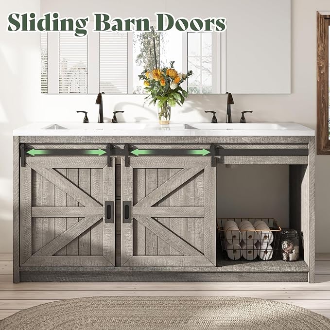 60" Farmhouse Bathroom Double Vanity Sliding Barn Door - Image 5