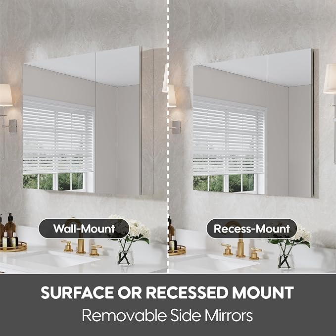 WELLFOR 36" x 30" Rectangle Medicine Cabinet Mirror, Surface Mount or Recessed - Image 4