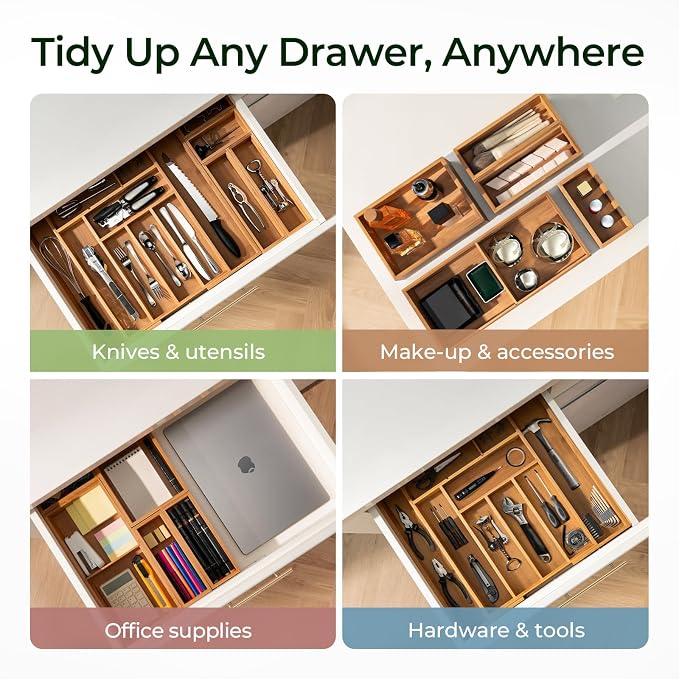 6-Piece Bamboo Drawer Organizer Set, 2.2" Deep Multi-Use Organizers - Image 8