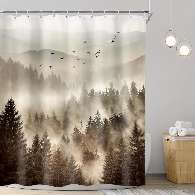 Riyidecor Foggy Mountain Shower Curtain 60Wx72H Inch Nature Rustic Woodland - Image 2