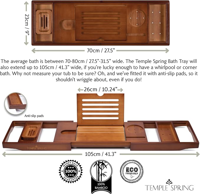 Temple Spring Wooden Bathtub Tray, Bamboo Bathroom Accessories, Bath Tray - Image 3