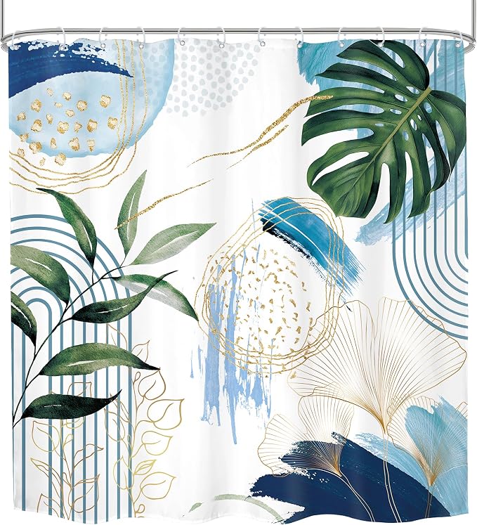 Blue Boho Shower Curtain 72Wx72H Modern Mid Century Abstract Blue Gold Tropical - Image 7