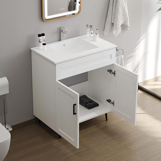 30" Bathroom Vanity with Sink, Freestanding Wooden Bathroom Vanity with 2 Doors - Image 7