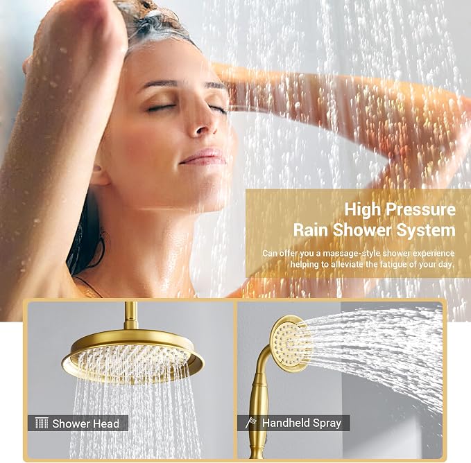 DASAN Brushed Gold Rain Shower System Complete Antique Shower Faucet Sets - Image 3