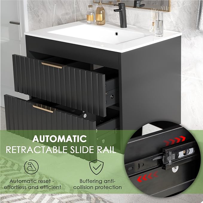 24" Bathroom Vanity with Sink, Floating Bathroom Vanity with 2 Fluted Drawers & - Image 4