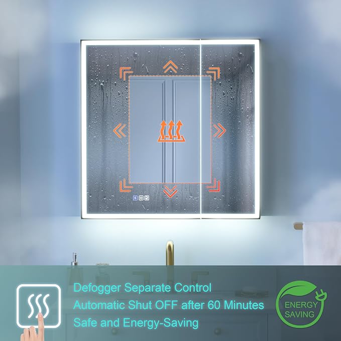 WELLFOR 30" X 30" LED Mirrored Medicine Cabinet, Medicine Cabinets - Image 9