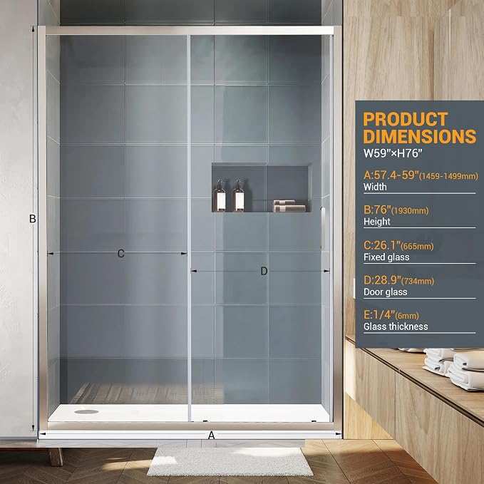 Bathroom Shower Glass Door 57.4"-59" W×76" H, Single Sliding Shower Door - Image 2