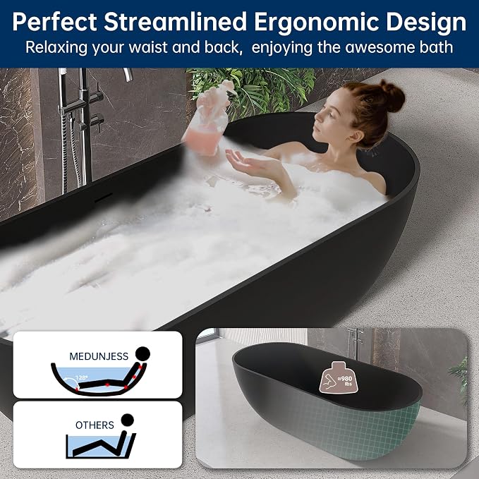 69" Stone Resin Freestanding Bathtub, Oval Solid Surface Bathroom Freestanding - Image 3