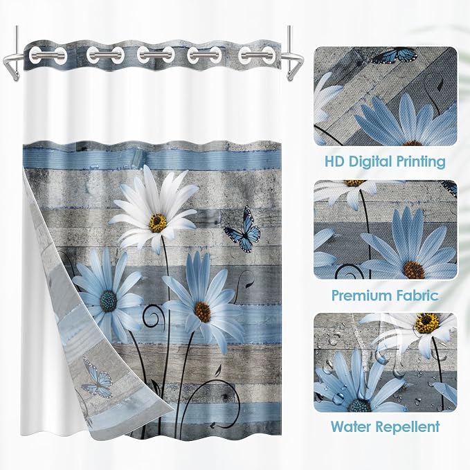 No Hook Blue Daisy and Butterfly Shower Curtain - Image 2