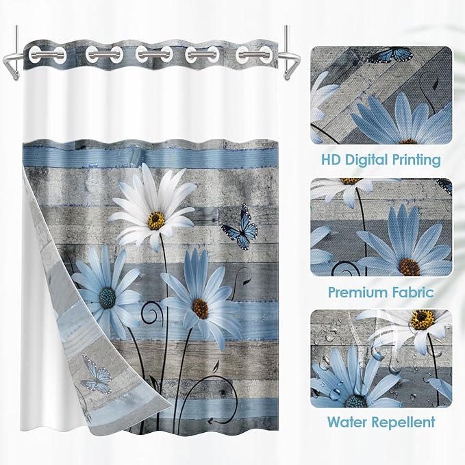 No Hook Blue Daisy and Butterfly Shower Curtain - Image 2