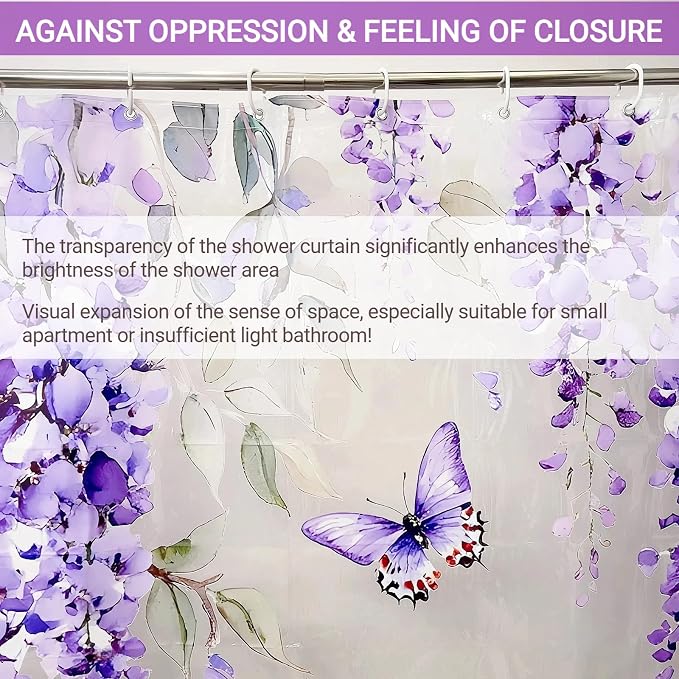 Clear Purple Floral Lavender Butterfly Shower Curtain, Plastic Transparent Cute - Image 7