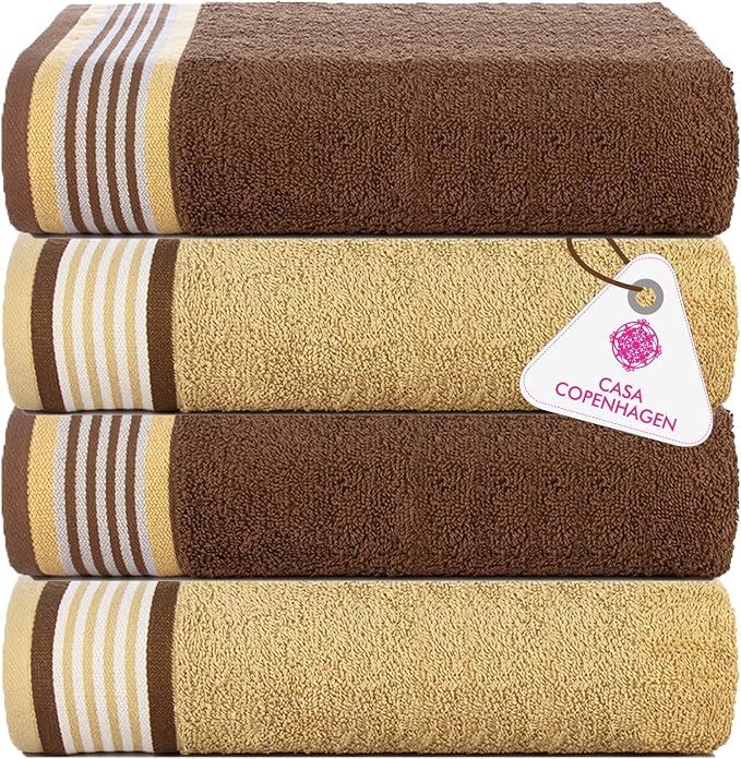 CASA COPENHAGEN He & She 4 Pieces Large Bath Towel Set- Brown + Beige, 550 GSM by CASACOPENHAGEN
