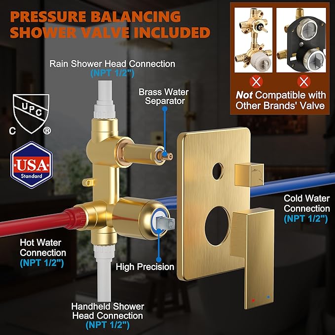 Gold Shower System, Bathroom Brushed Gold Shower Faucet Set - Image 6
