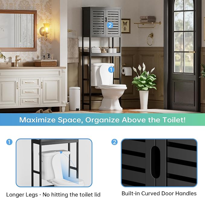 SMIBUY Bathroom Over The Toilet Storage Cabinet, 2 Door Bamboo Cabinet Organizer - Image 7