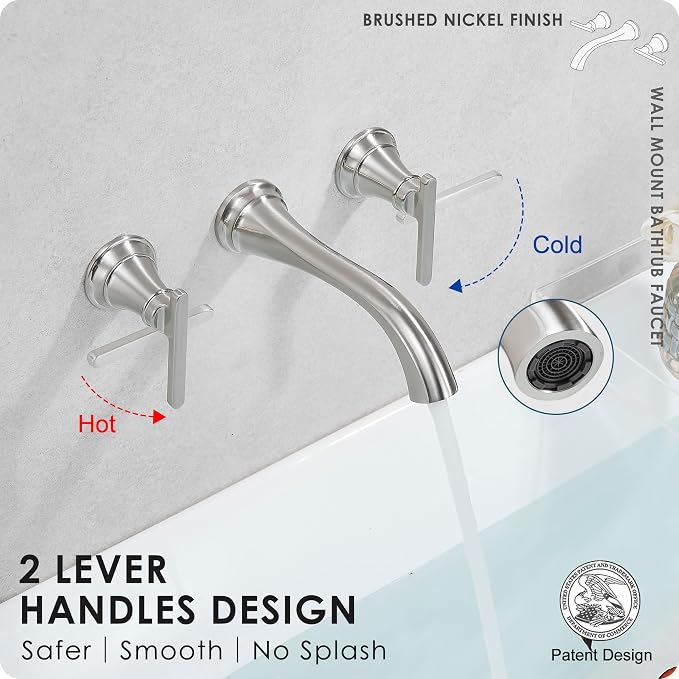 Brass Wall Mount Tub Filler, High Flow 8" Spout Reach Brushed Nickel Bathtub - Image 3