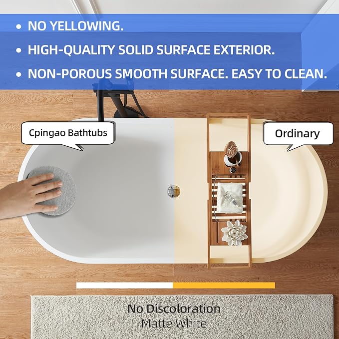 Cpingao 63" Stone Resin Freestanding Bathtub, Modern Oval Solid Surface Soaking - Image 7