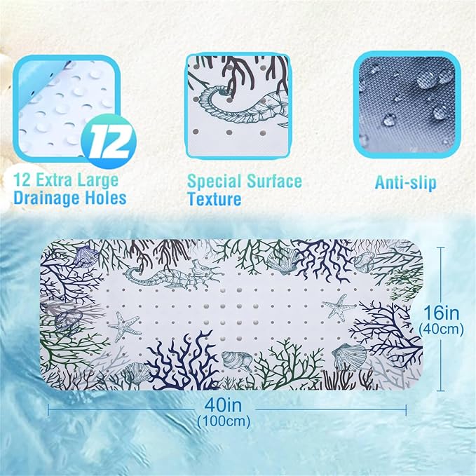 Seahorse Bathtub Mat Non Slip for Kids 40x16in Extra Long Anti Slip Bath Mat - Image 7