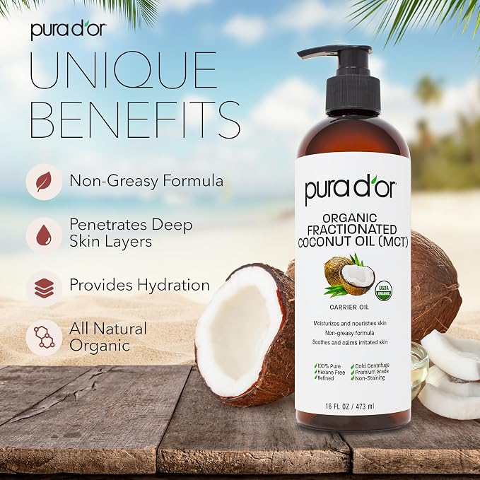 PURA D'OR 16 Oz ORGANIC Fractionated Coconut Oil – USDA Certified – MCT Oil – - Image 2