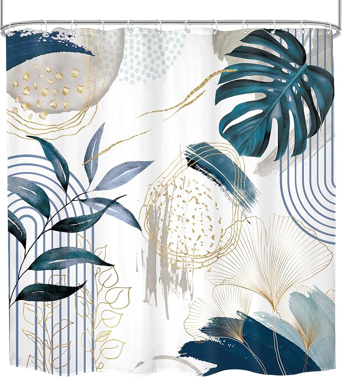 Navy Blue Boho Shower Curtain 72Wx72H Modern Mid Century Abstract Gold Tropical - Image 7
