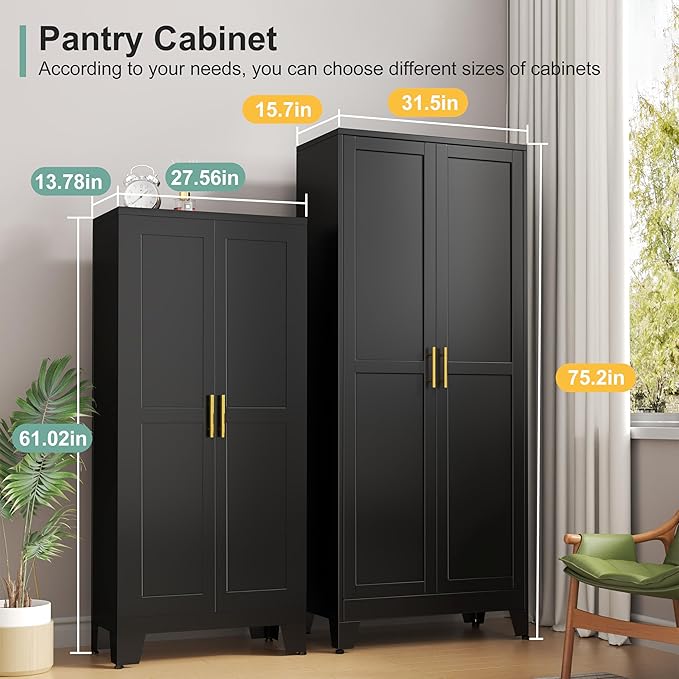 Metal Pantry Cabinet with 2 Doors and 5 Adjustable Shelves, Versatile Storage - Image 2
