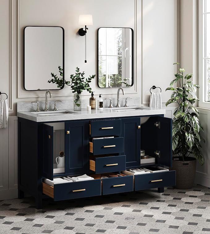 ARIEL Cambridge 60 Inch Midnight Blue Bathroom Vanity Double Sink, Solid Wood - Image 4