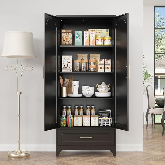 Metal Storage Cabinet with Drawers, 75Inch Black Pantry Cabinets - Image 2