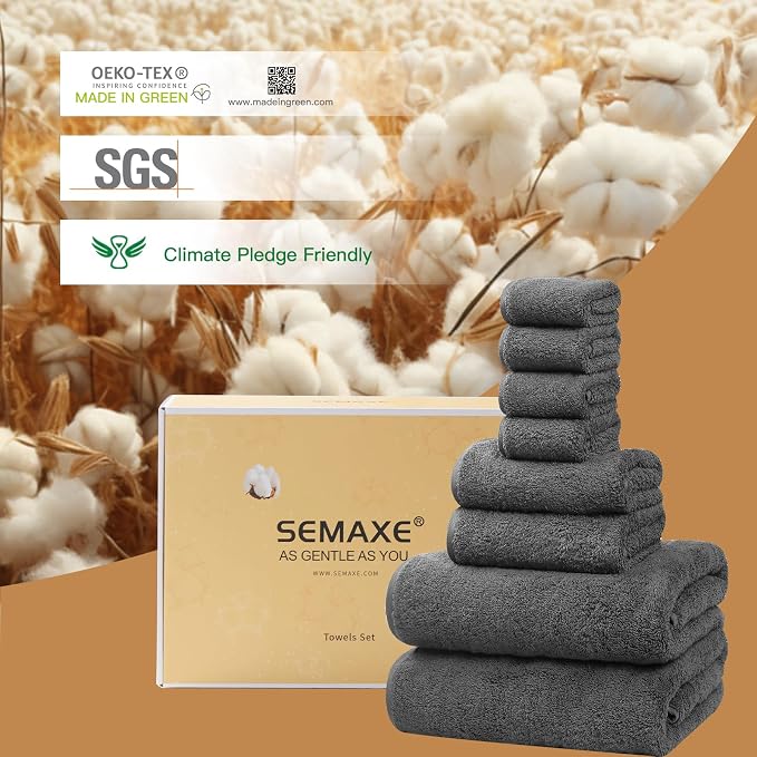 SEMAXE Bathroom Towel Set, 8-Piece Gray Cotton Towels - Image 5