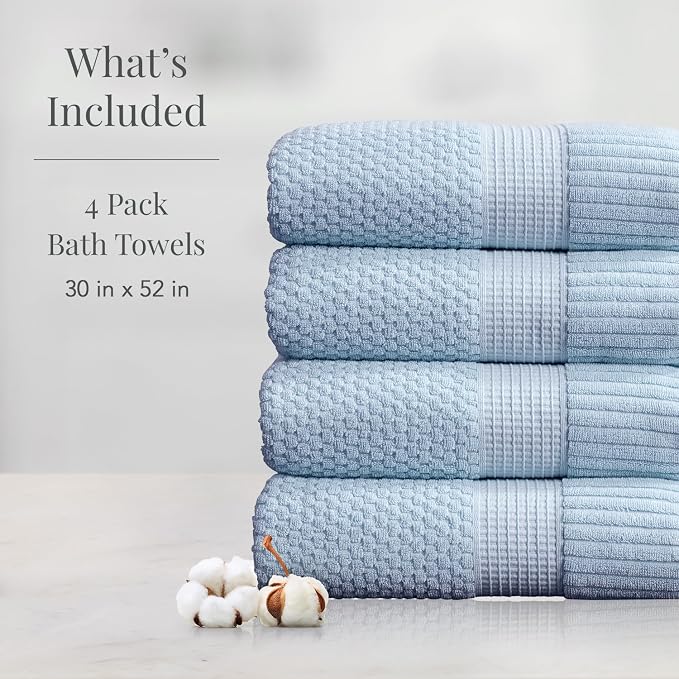 NY Loft 100% Cotton Bath Towel 4 Pack | Super Soft & Absorbent Quick-Dry Bath - Image 2