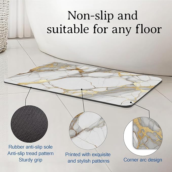 Bath Mat White Gold Marble Bathroom Rug, Soft and Non Slip Abstract Bath Rugs - Image 4