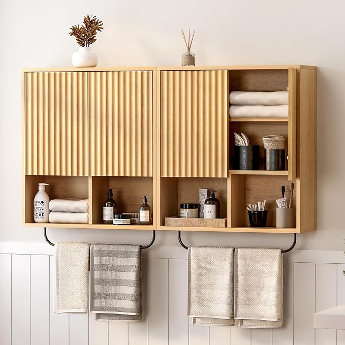 Fluted Wall Cabinet Set of 2, Wooden Bathroom Medicine Cabinet Storage by EYYTHUNG