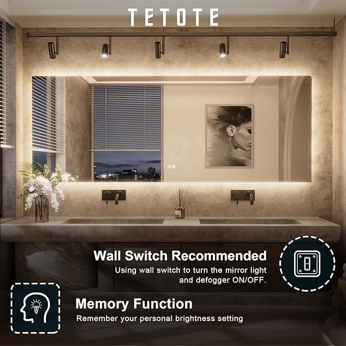 TETOTE 48 x 36 Inch LED Backlit Bathroom Mirror - Image 5