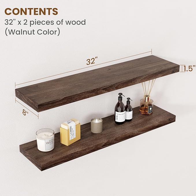 Floating Shelves for Wall Decor, 8 Inch Deep Rustic Solid Elm Wood Floating - Image 2