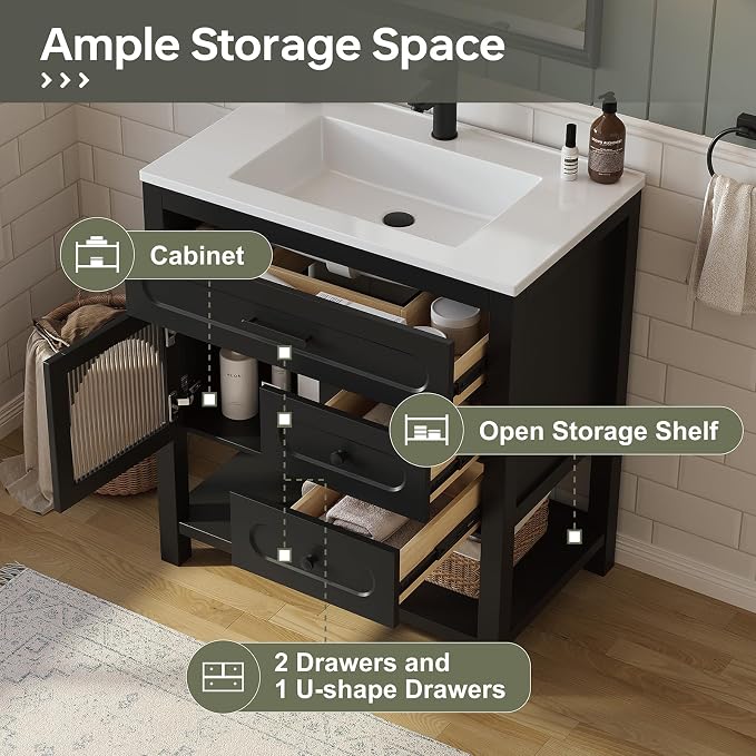 30 Inch Bathroom Vanity with Sink, Modern Black Bathroom Vanity with - Image 2